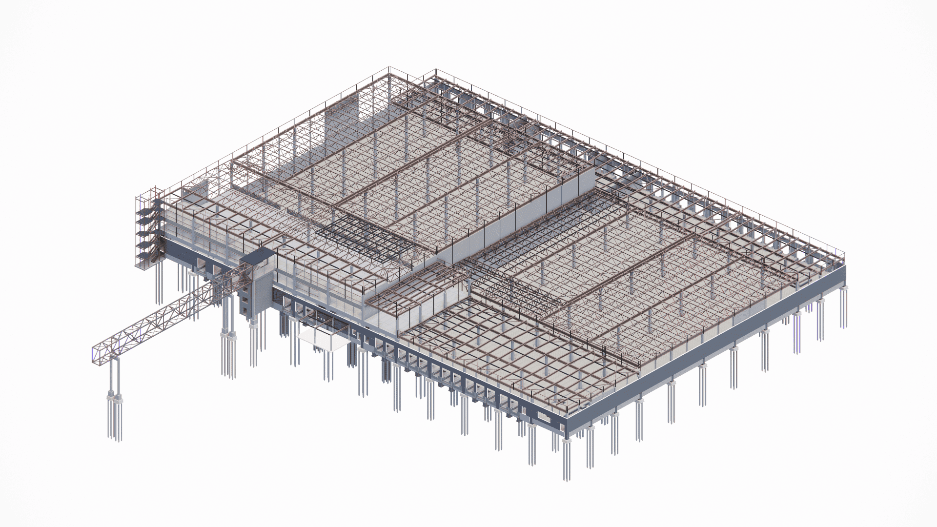 BIM modeling of the logistics center frame, considering the integration of racking systems and loading docks