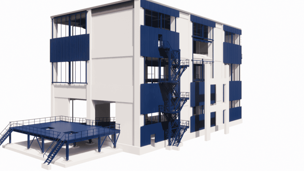 Structural design of secondary steel framing for heavy piping and equipment supports within a concrete technological building, detailing anchor connections