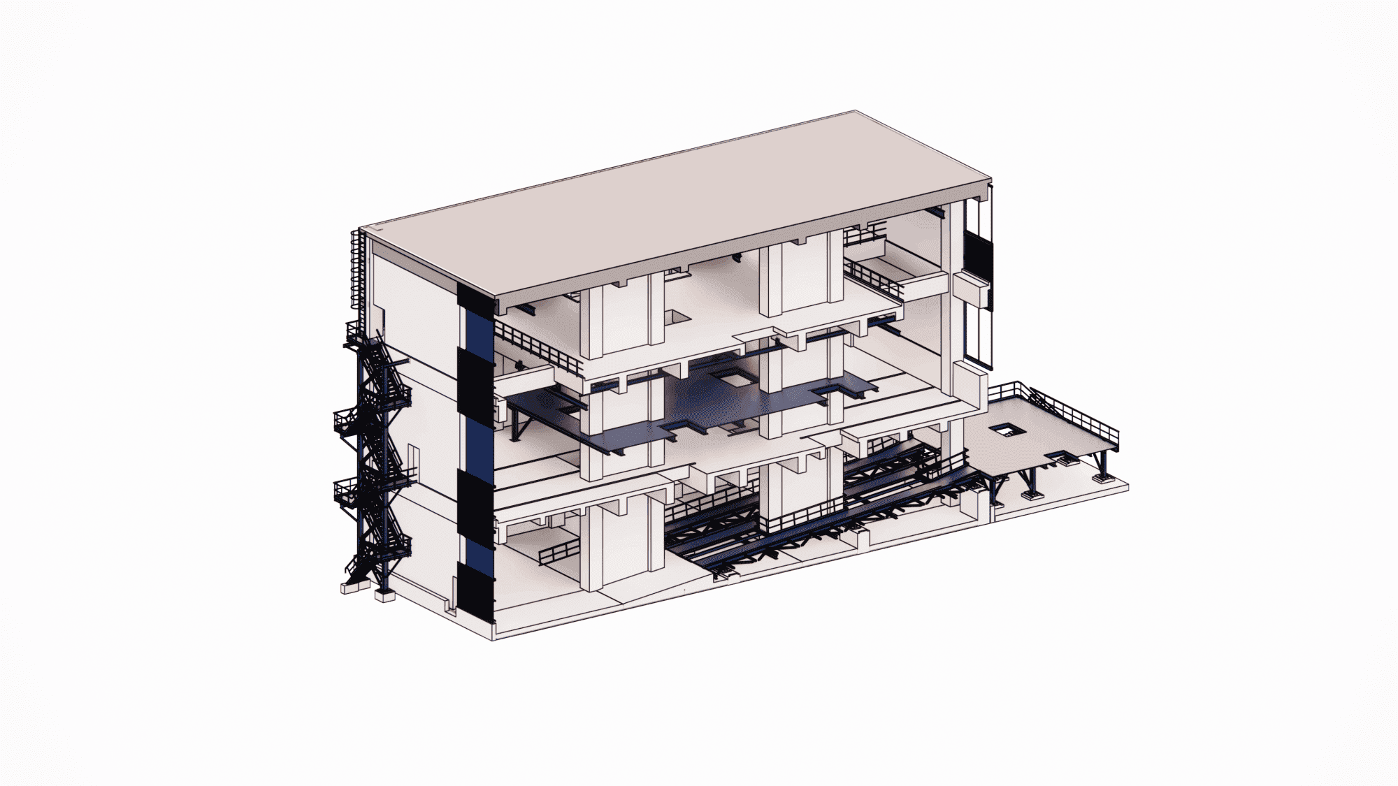 BIM modeling of steel mezzanine floors and access walkways attached to the main monolithic concrete structure, ensuring load transfer