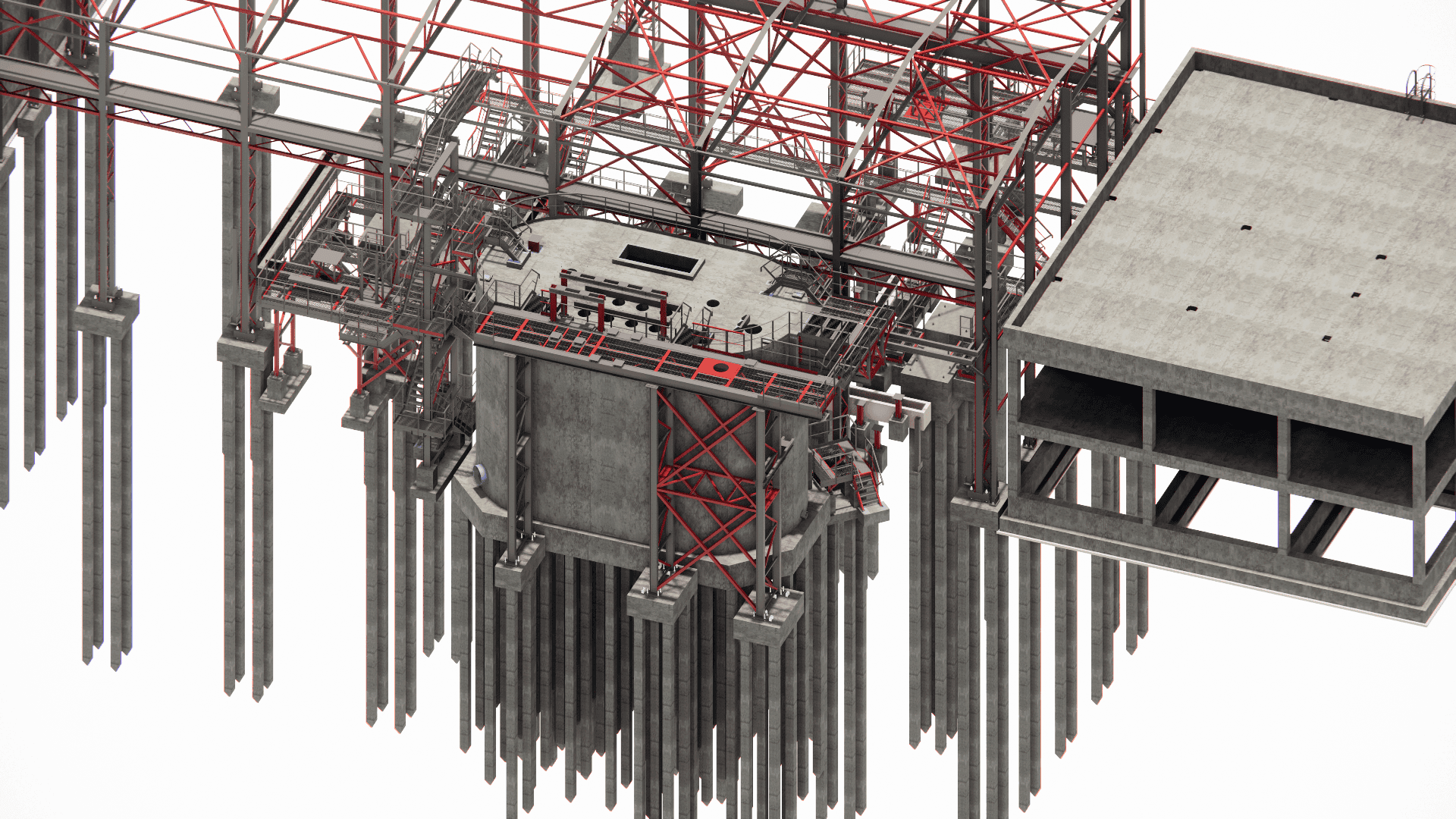 BIM modeling of the steel structure for a pumping facility, detailing foundation connections and crane girder systems for maintenance access