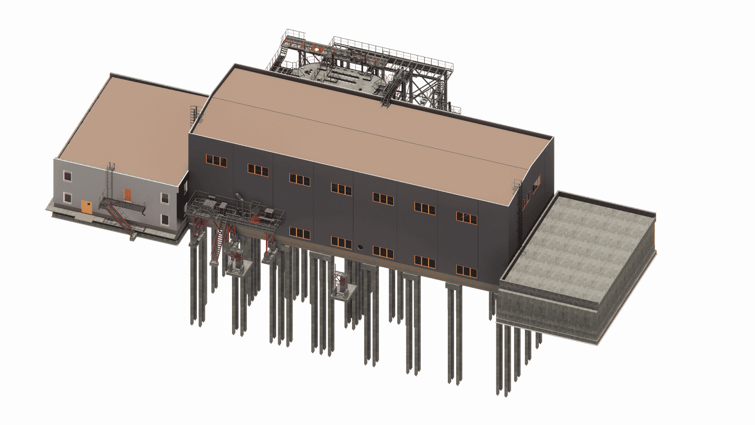 Common view of a pump station facility, showing the facade design, roofs, combined with the visible structural elements