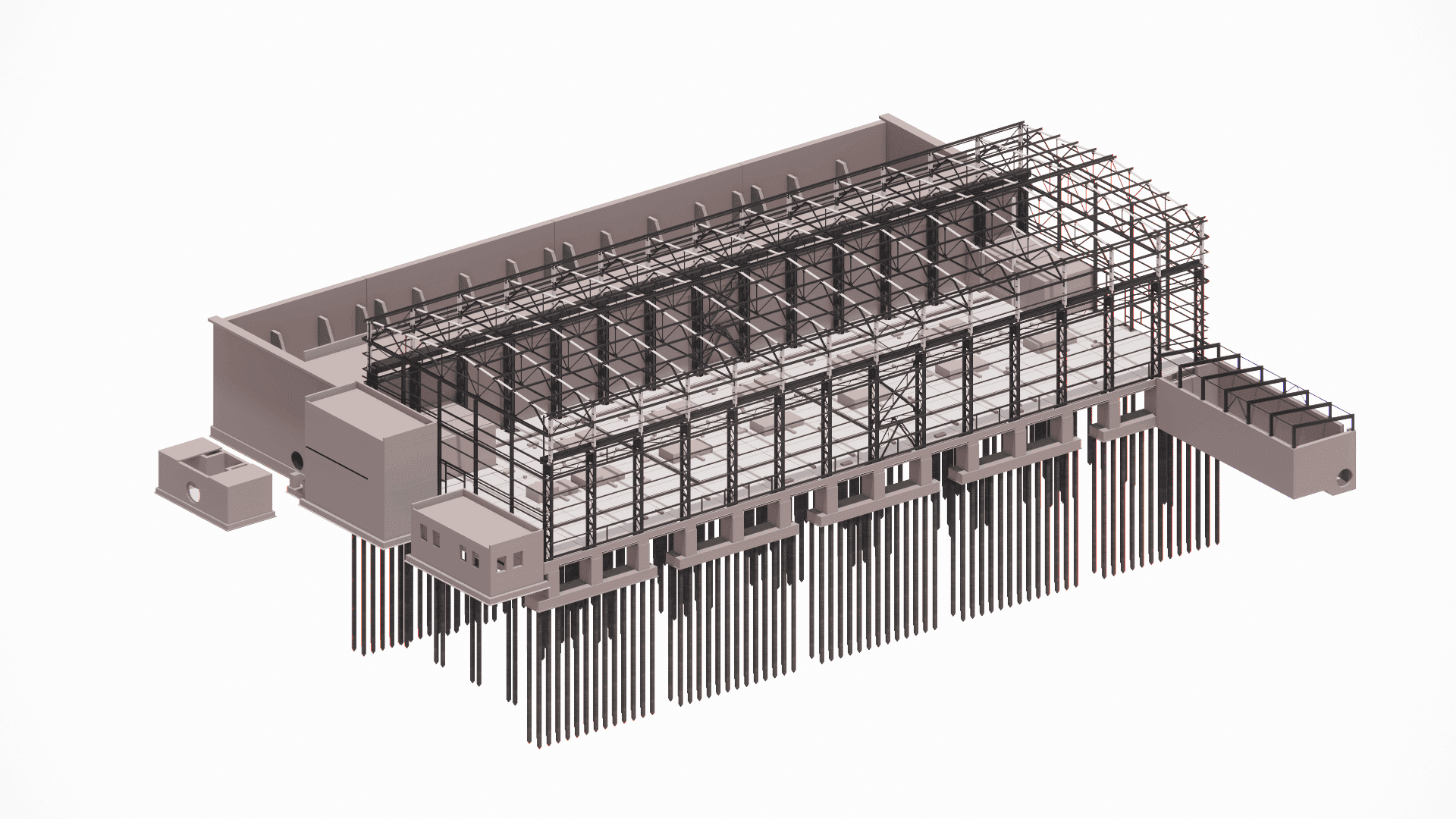 Foundation-to-steel interface detailing, emphasizing anchor bolt design and base plate layout for the production facility frame