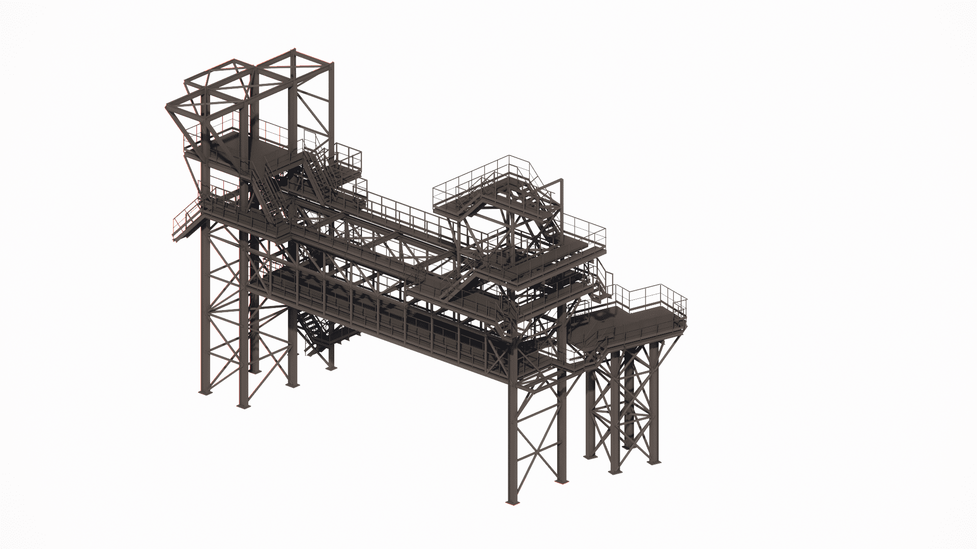 Structural design of a steel crossover platform above process piping, detailing stairs, landings, and safety railings compliant with OSHA/local codes