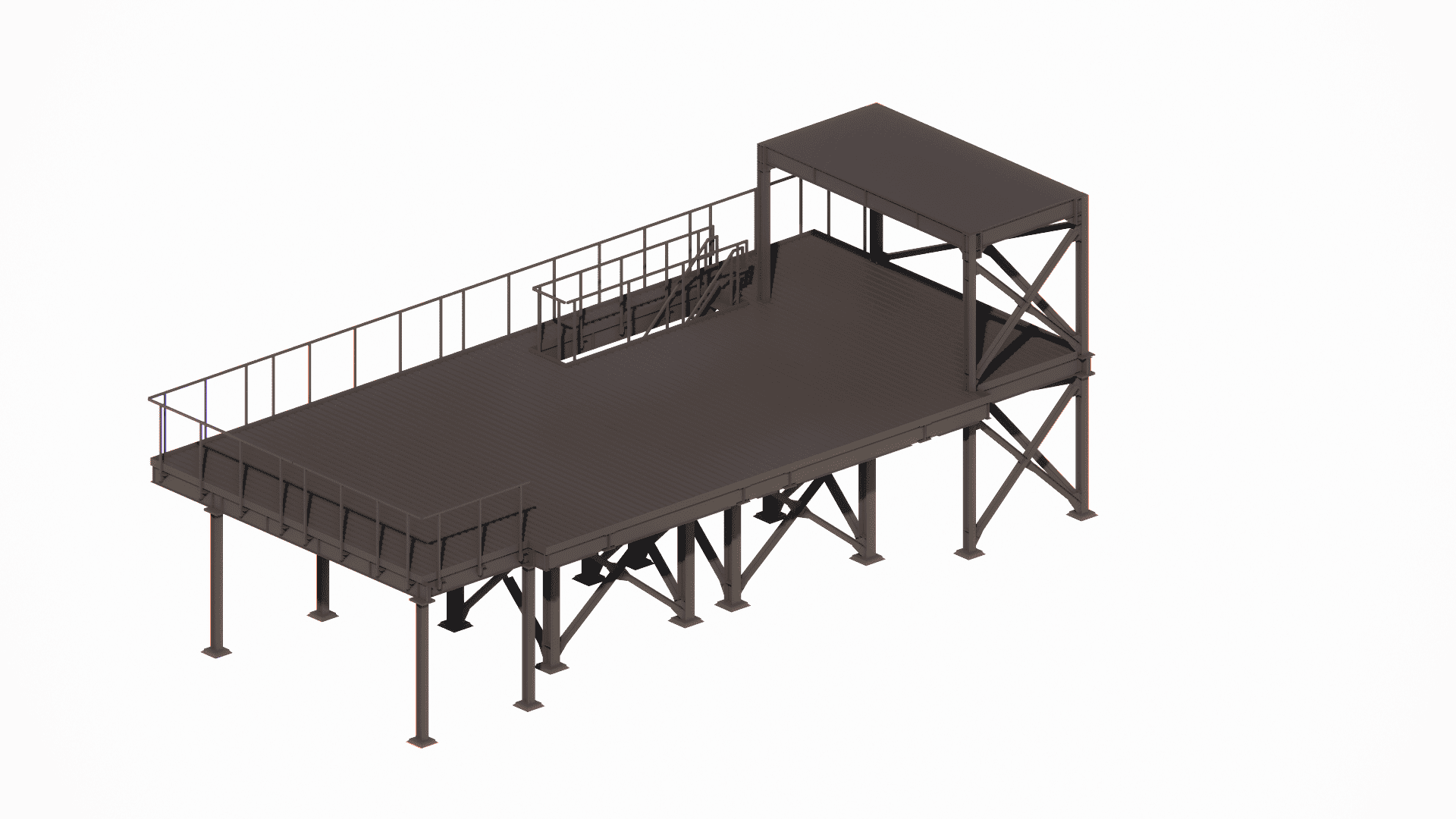Tekla Structures 3D model of a low-level steel platform designed for supporting and accessing heavy technological equipment, focusing on stability and vibration damping