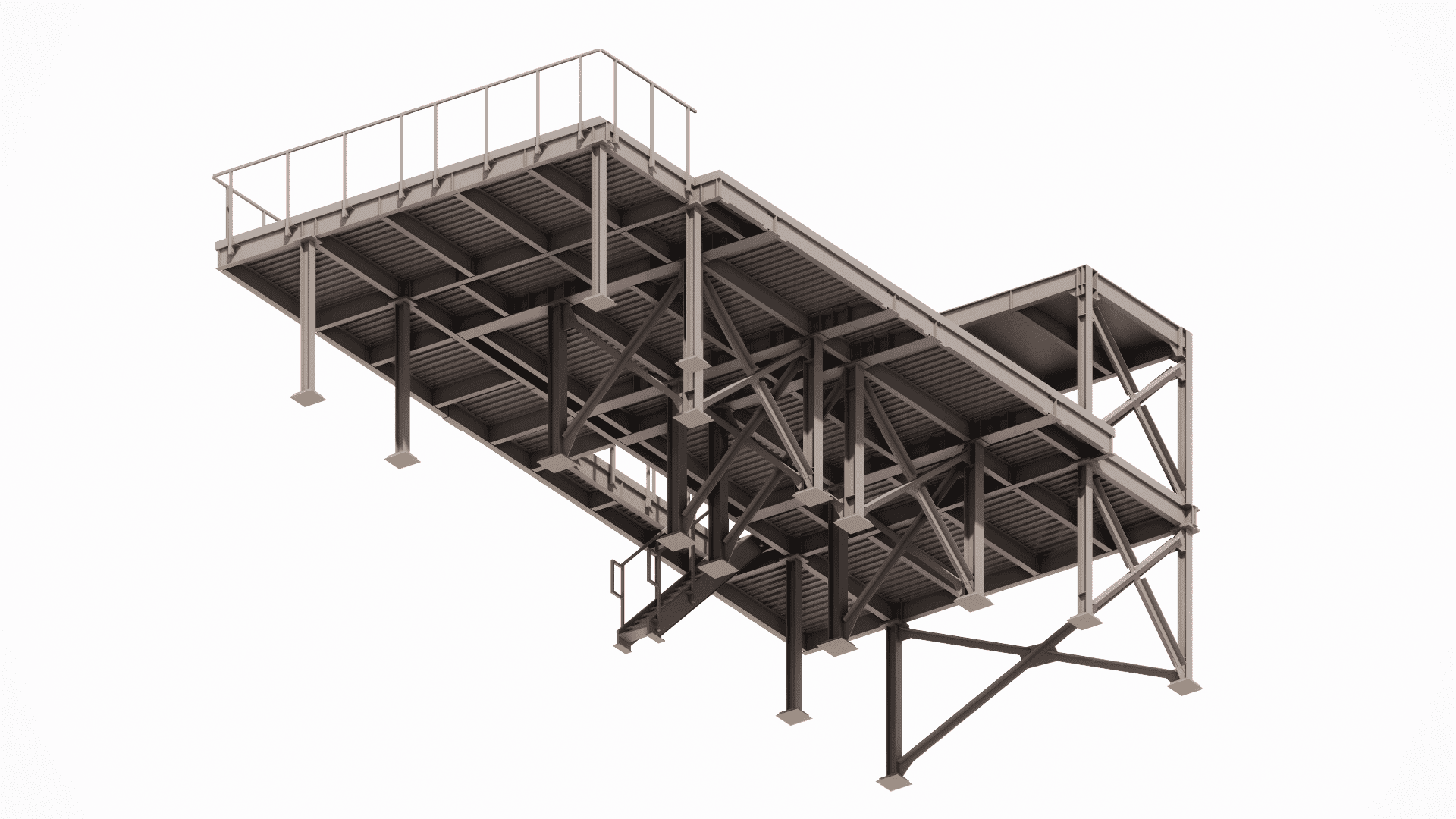 Detailed structural design of an intermediate-level steel service platform, showing layout, grating type, and direct connections optimized for equipment placement and maintenance access