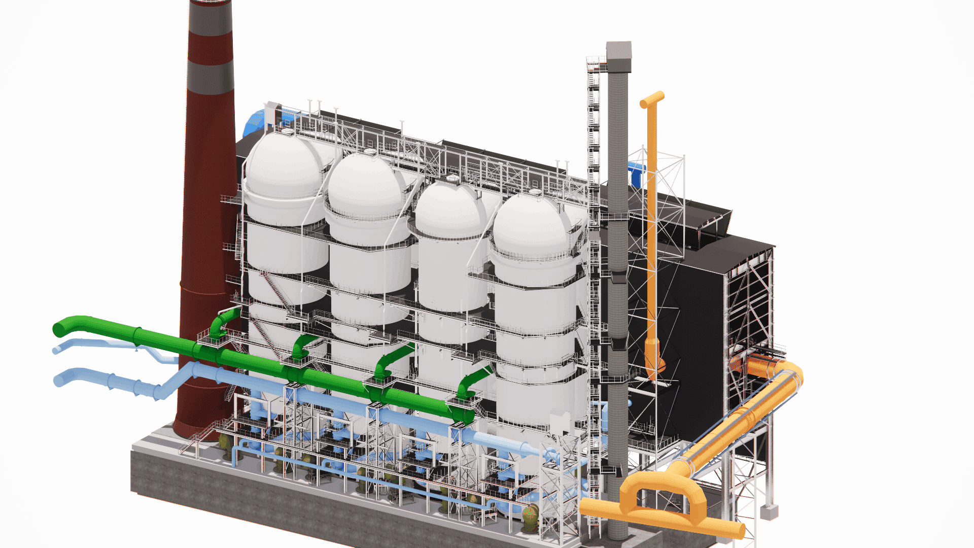 General view of the heavy steel framework supporting the hot blast stove installation for a metallurgical blast furnace