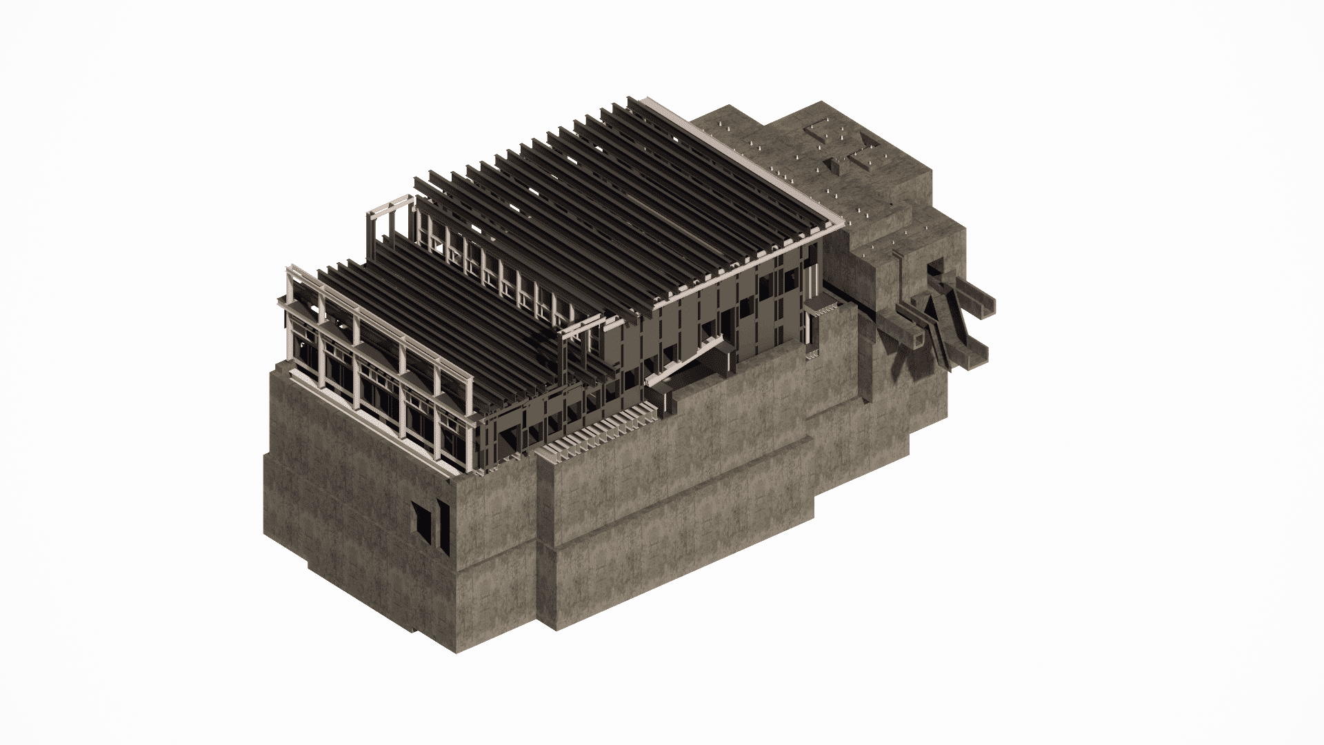 General 3D model view of the reinforced concrete structure and foundation for a rolling mill reheating furnace
