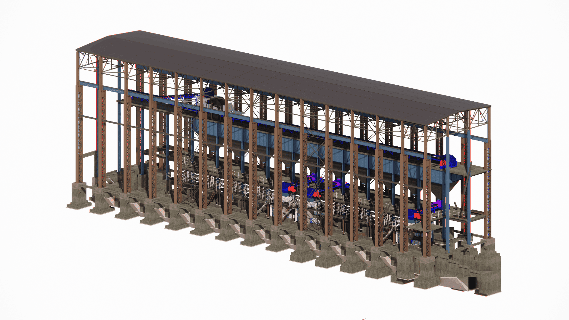General structural view of a tall steel framework supported by concrete foundations, fully integrating material storage bunkers and transfer conveyors