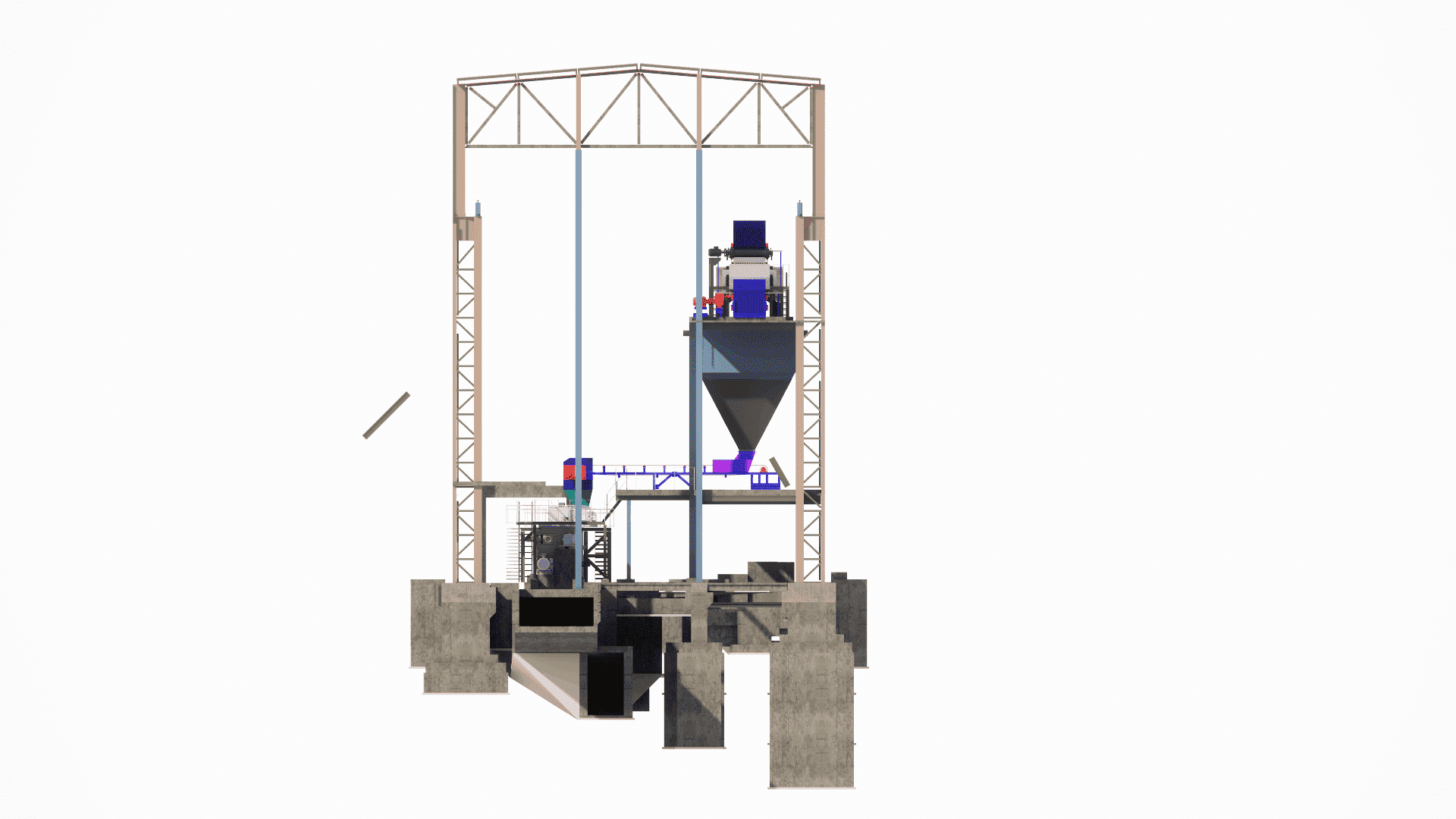 Structural analysis view focusing on the long-span conveyor truss supported by the main steel frame, including associated access platforms and safety railings