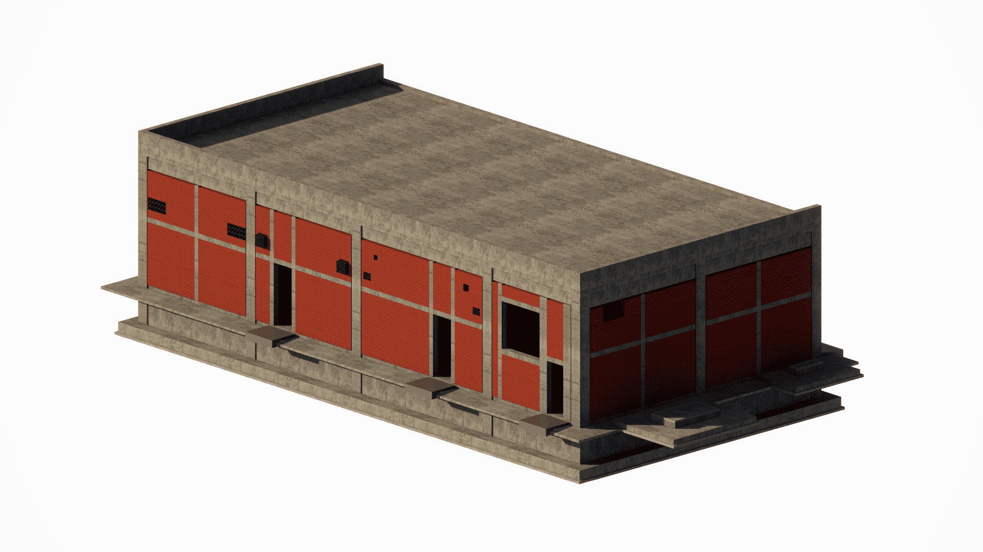 Revit 3D model of the single-story electrical substation building, showing the structural walls and roof system designed for equipment security and weather protection