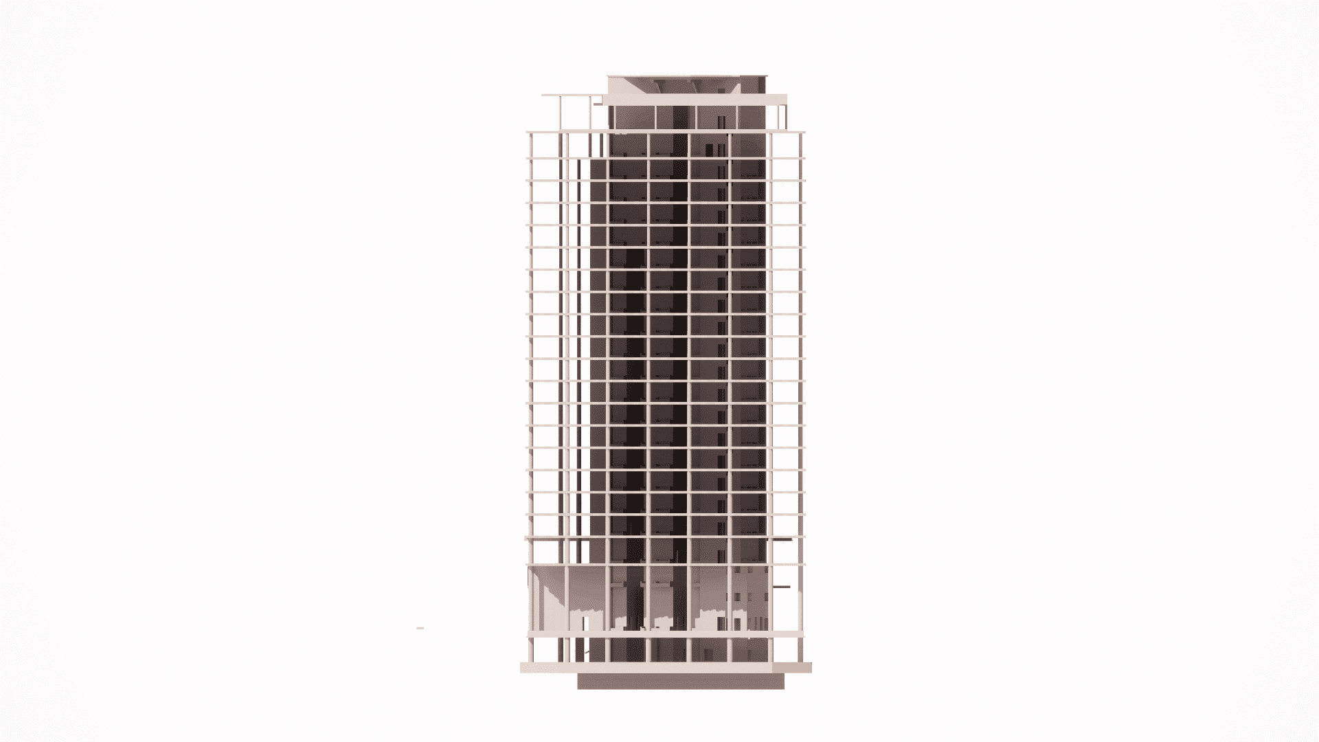 General structural view of the high-rise concrete skeleton, highlighting the arrangement of shear walls and core elements vital for seismic and wind load resistance
