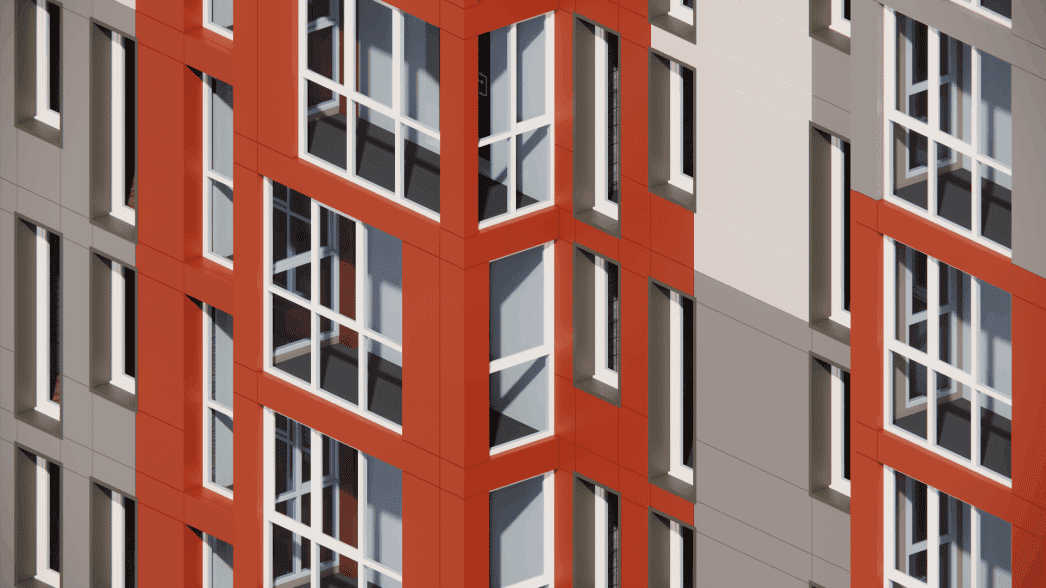 Close-up view of UHPC facade panel mounting details and connections