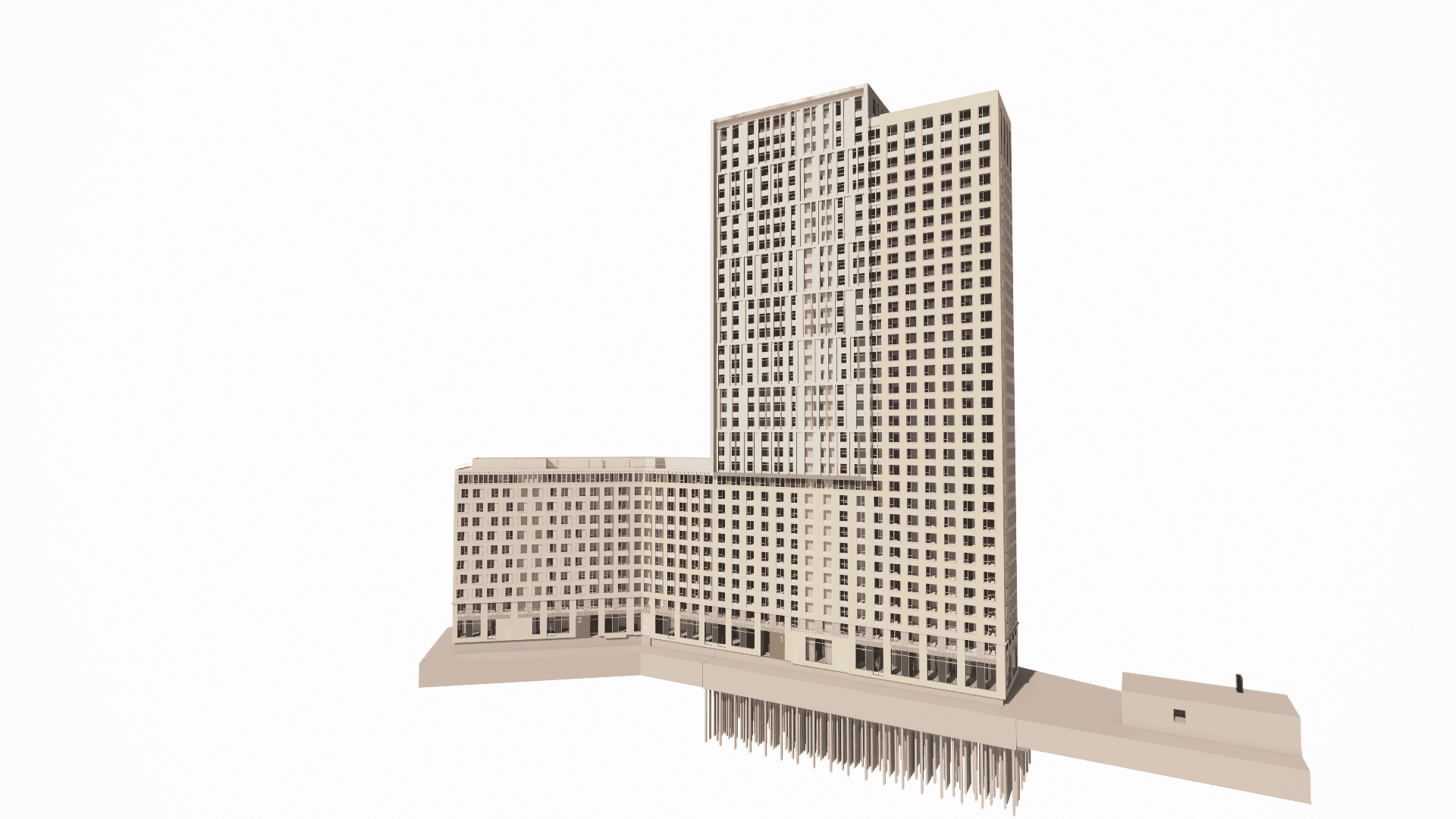 High-rise building facade with UHPC and Metal panels, modeled in Revit