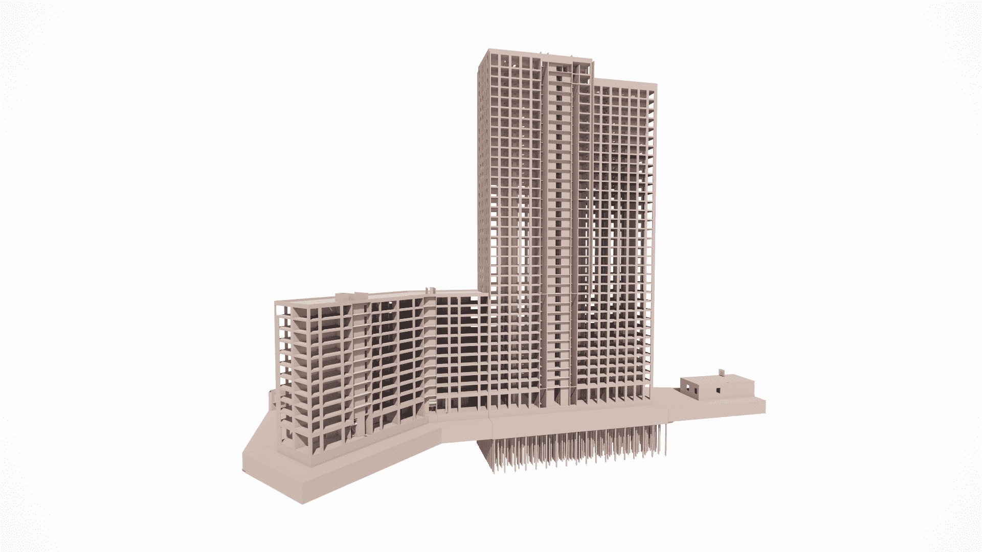 General view of the residential complex's monolithic frame, highlighting the transitions in height and the complex geometry resulting from the variable floor levels
