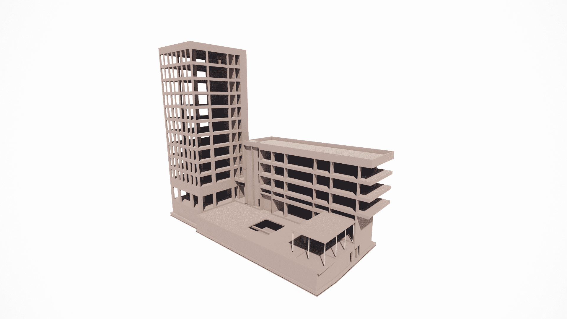 Revit model illustrating the complex concrete frame designed for mixed-use, accommodating different structural loads and column grids between the commercial and residential sections