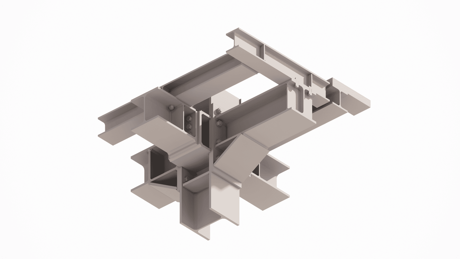 Close-up view of a complex beam-to-column connection (moment connection) using stiffeners to ensure seismic stability