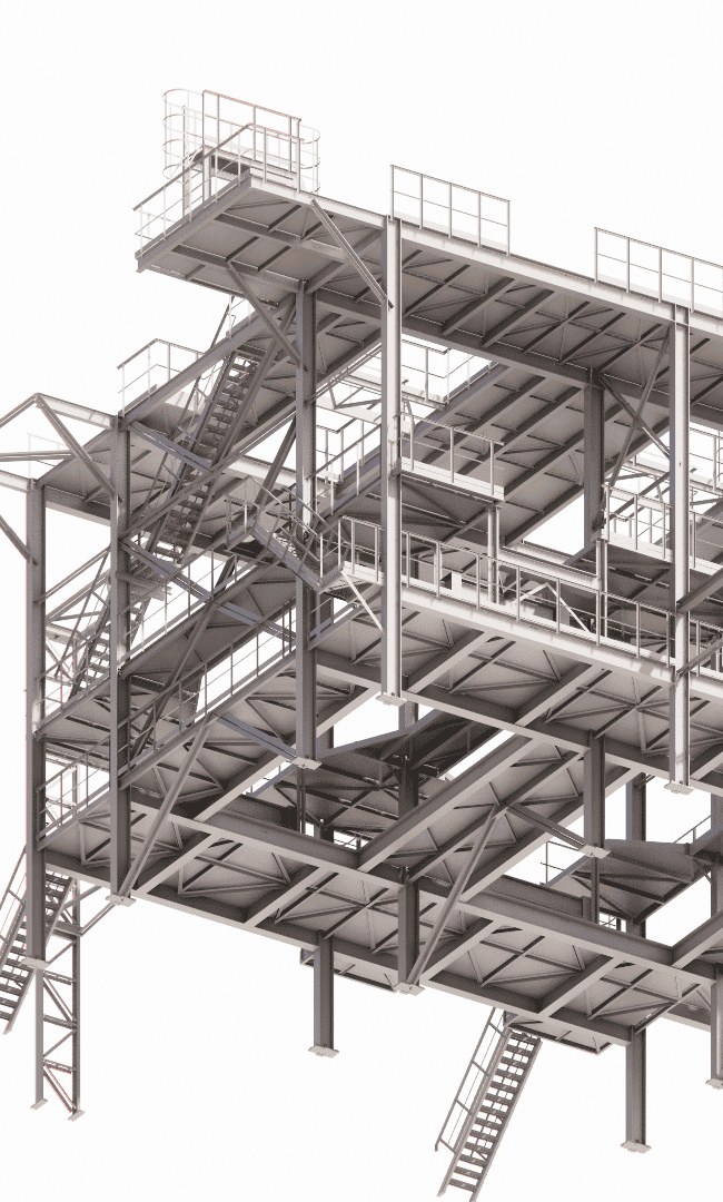 Detailed Tekla Structures modeling of technological platforms and steel frameworks, ensuring precise component assembly and generating comprehensive fabrication drawings for production