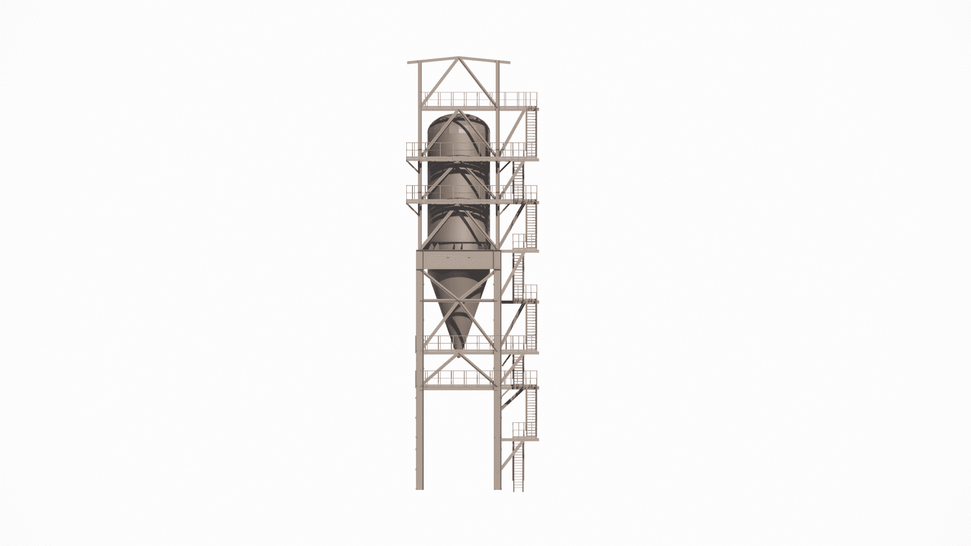 BIM modeling and analysis of the silo support steel structure, detailing anchorages and bracing required to resist wind uplift and operational vibrations