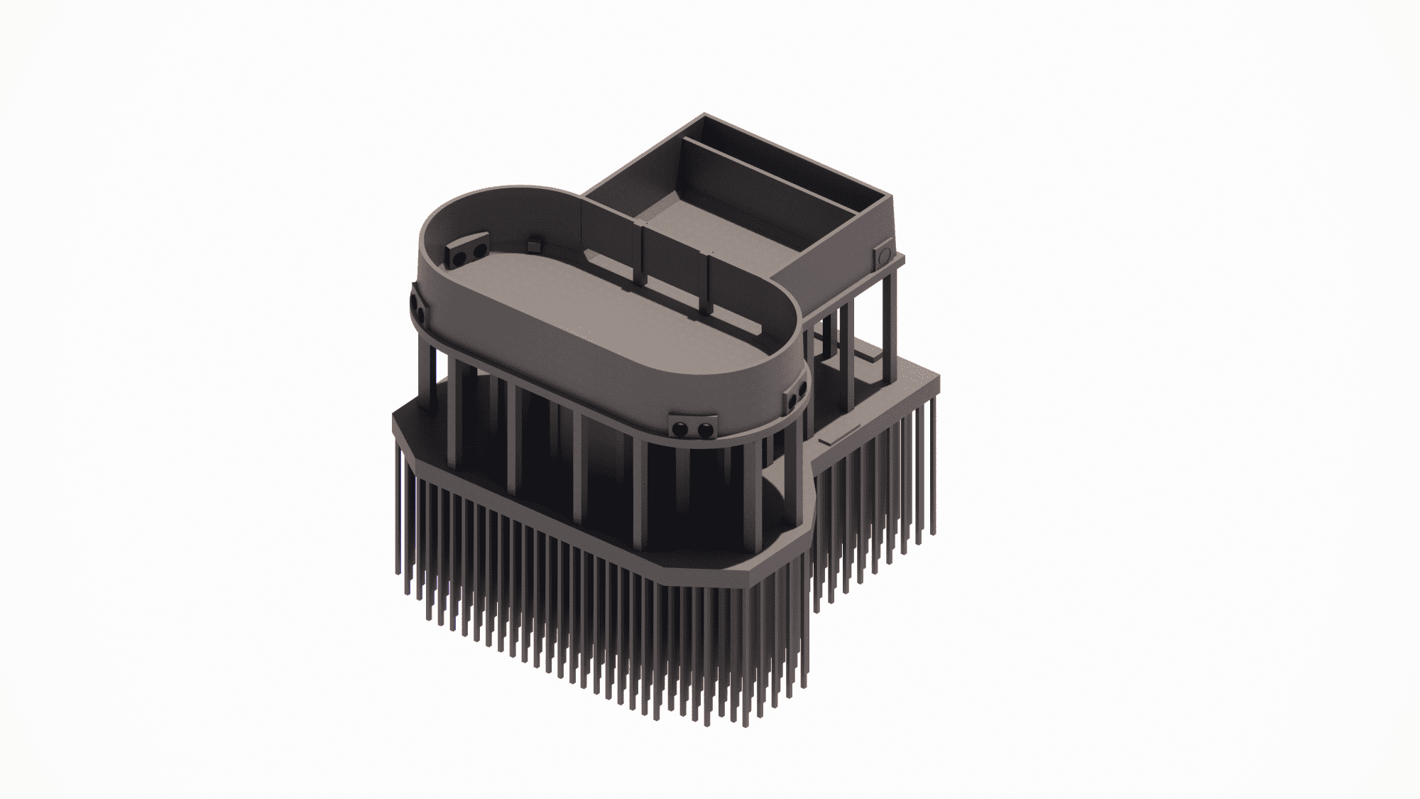 Detailed structural analysis and Revit detailing of the monolithic concrete water tank structure, including the pile cap design and reinforcement layout for the walls